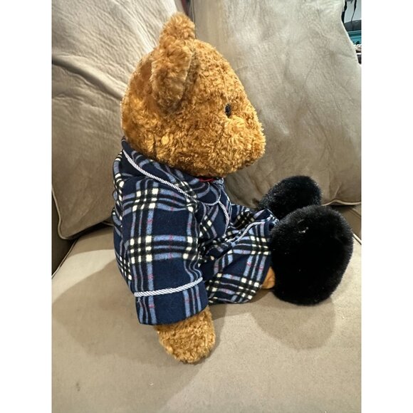 Plaid Pajama Teddy Bear Plush With Black Faux Fur Paws & Red Bow Tie 14 Inches - Picture 3 of 11